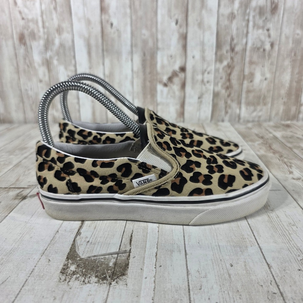 Vans Classic Slip-On Leopard Print Canvas Sneakers Tan Black Womens 5 Mens 3.5
